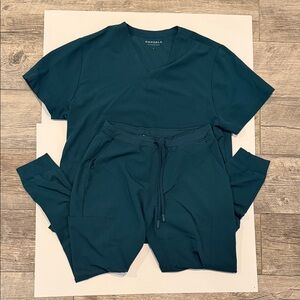 Men’s Dark Teal Jogger Scrub Set (Large Top and Medium Jogger Pants)